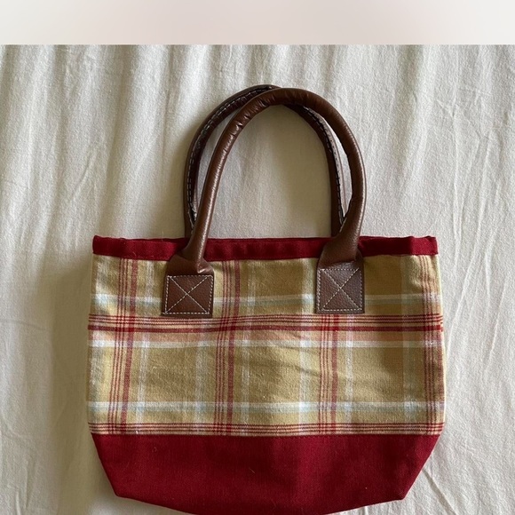 Handbags - Plaid Tote Bag with Red and Brown Accents